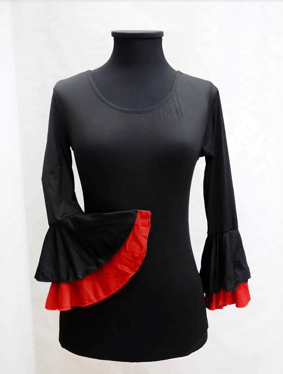 Economical Long-Sleeved Black Leotard with Double Ruffle in Black and Red for Adults